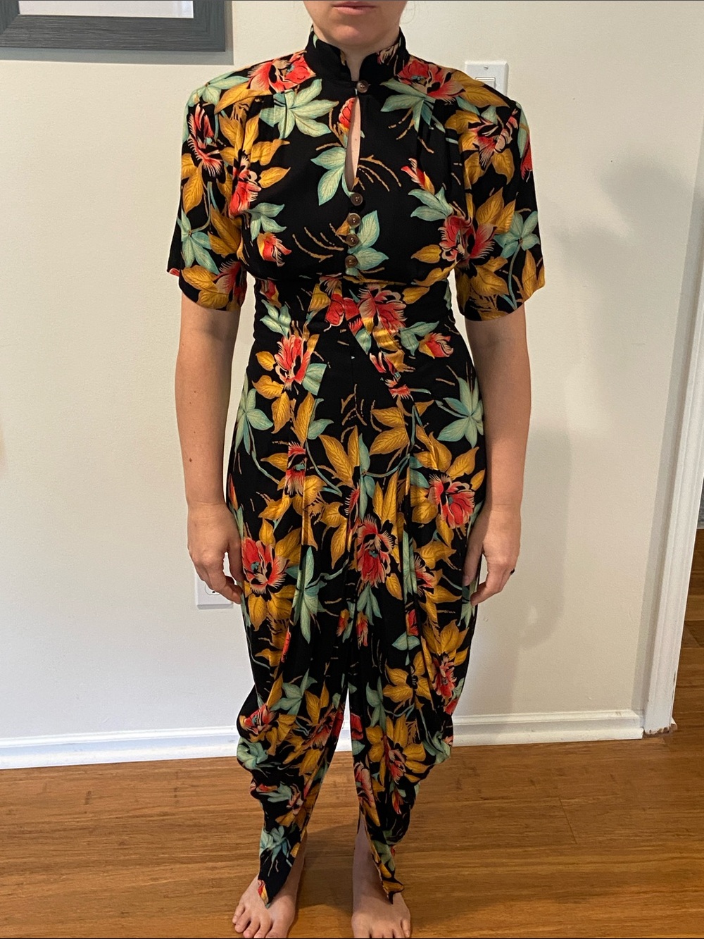 Vintage Karen Alexander Floral Black Short-Sleeve with Mandarin Collar Dress